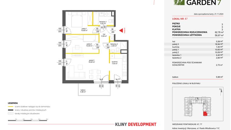 Rzut - Mieszkanie na sprzedaż 3 pokoje o powierzchni 59,97 m² - numer 87 w Nova Viva Garden 7