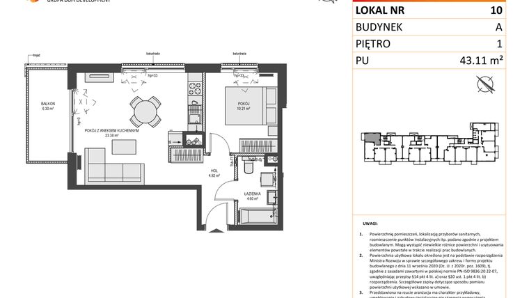 Rzut - Mieszkanie na sprzedaż 2 pokoje o powierzchni 42,95 m² - numer A10 w Przystań Brzeźno