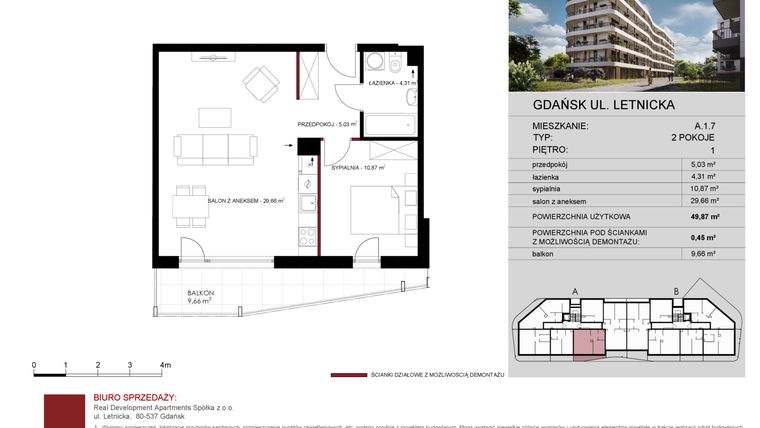 Rzut - Mieszkanie na sprzedaż 2 pokoje o powierzchni 49,87 m² - numer A.1.07 w Letnicka Residence