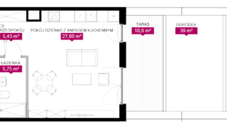 Rzut - Mieszkanie na sprzedaż 1 pokój o powierzchni 38,81 m² - numer G1.9 w Fuzja Mieszkania Loftowe