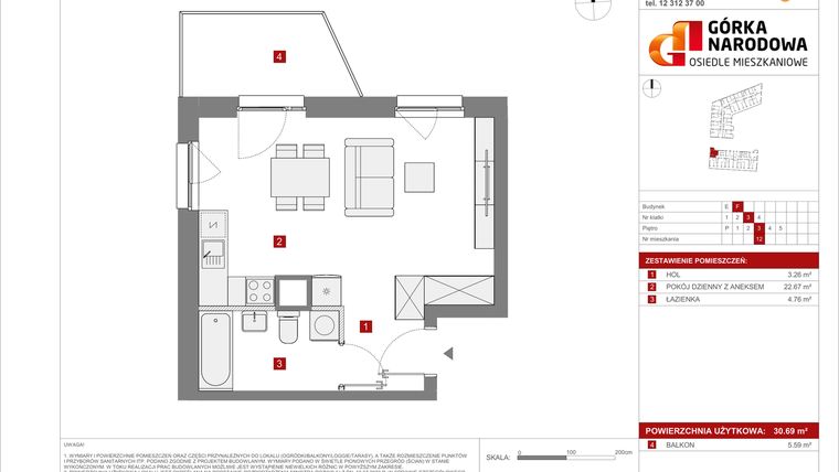 Rzut - Mieszkanie na sprzedaż 1 pokój o powierzchni 30,69 m² - numer 5.3.F.12 w Osiedle Górka Narodowa etap 5