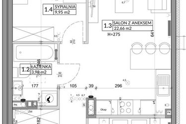 Rzut - Mieszkanie na sprzedaż 3 pokoje o powierzchni 56,89 m² - numer 54B w Osiedle Młodych etap VIII