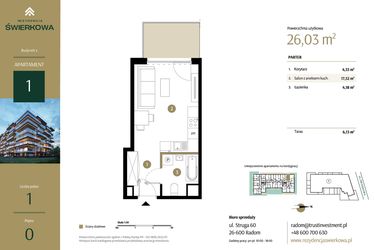 Rzut - Mieszkanie na sprzedaż 1 pokój o powierzchni 26,03 m² - numer M.1 w Rezydencja Świerkowa - etap II
