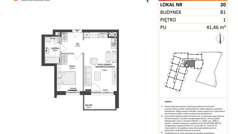 Rzut - Mieszkanie na sprzedaż 2 pokoje o powierzchni 41,42 m² - numer 20 w Leśna Góra
