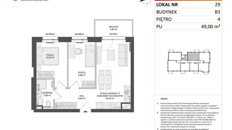 Rzut - Mieszkanie na sprzedaż 3 pokoje o powierzchni 49 m² - numer B3.29 w Osiedle Przy Błoniach 3 etap III