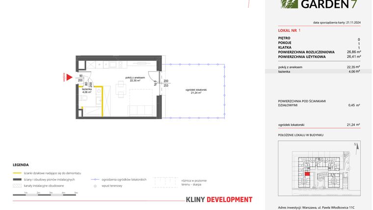 Rzut - Mieszkanie na sprzedaż 1 pokój o powierzchni 26,86 m² - numer 1 w Nova Viva Garden 7
