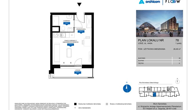 Rzut - Mieszkanie na sprzedaż 1 pokój o powierzchni 26,48 m² - numer 78 w Flow