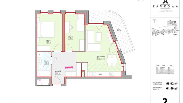 Rzut - Mieszkanie na sprzedaż 3 pokoje o powierzchni 61,56 m² - numer E.2 w Kamienica Zamkowa