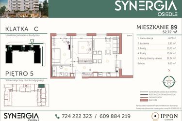 Rzut - Mieszkanie na sprzedaż 3 pokoje o powierzchni 52,72 m² - numer M89 w SYNERGIA