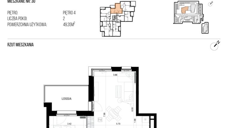 Rzut - Mieszkanie na sprzedaż 2 pokoje o powierzchni 49,35 m² - numer 22J/30 w NATURAMA II