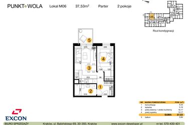 Rzut - Mieszkanie na sprzedaż 2 pokoje o powierzchni 37,53 m² - numer M06 w Punkt Wola