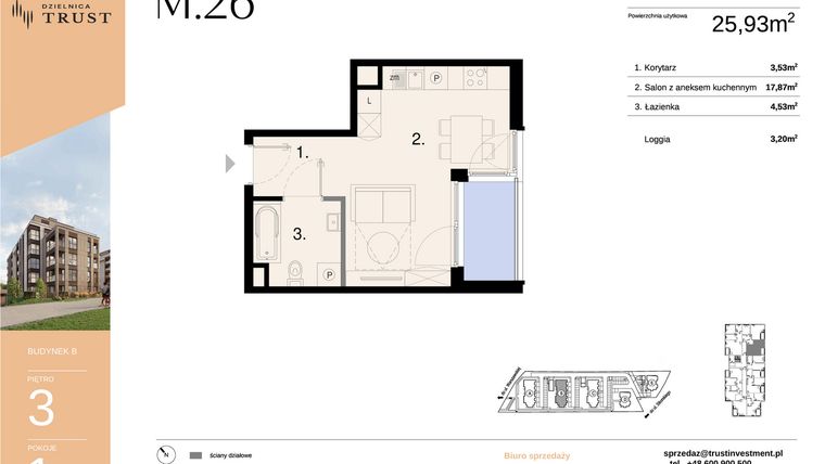 Rzut - Mieszkanie na sprzedaż 1 pokój o powierzchni 25,93 m² - numer B - M.26 w Dzielnica Trust