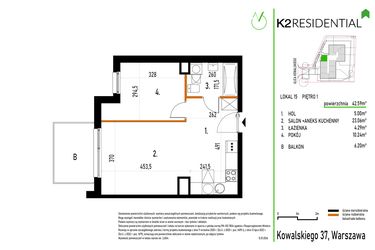 Rzut - Mieszkanie na sprzedaż 2 pokoje o powierzchni 42,59 m² - numer 15 w Kowalskiego 37