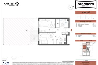 Rzut - Mieszkanie na sprzedaż 2 pokoje o powierzchni 46,51 m² - numer D.02 w Premiera Bemowo
