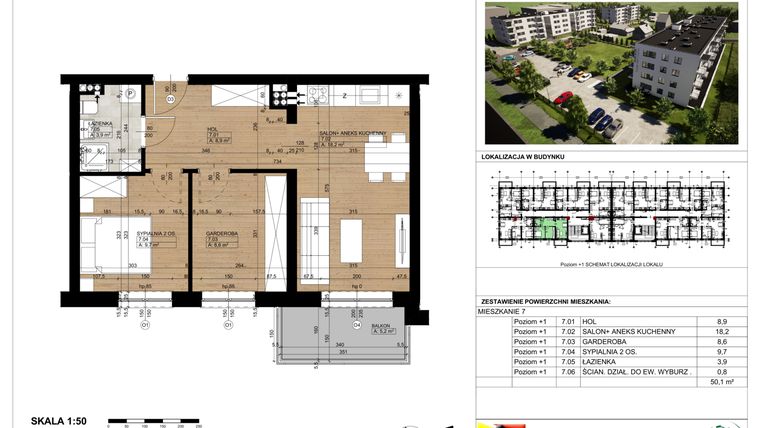 Rzut - Mieszkanie na sprzedaż 3 pokoje o powierzchni 50,1 m² - numer 7 w Osiedle Park Chopina II Etap