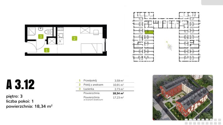 Rzut - Mieszkanie na sprzedaż 1 pokój o powierzchni 18,34 m² - numer A3.12 w Sołtysowicka 21C