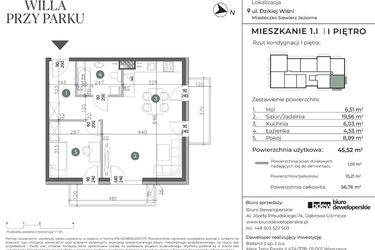 Rzut - Mieszkanie na sprzedaż 3 pokoje o powierzchni 45,52 m² - numer 1.I w Willa przy parku