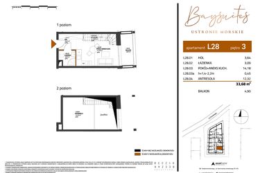 Rzut - Mieszkanie na sprzedaż 2 pokoje o powierzchni 33,68 m² - numer AP.3.28 w Baysuites