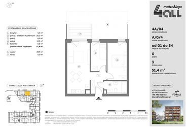 Rzut - Mieszkanie na sprzedaż 3 pokoje o powierzchni 51,37 m² - numer A/0/4 w Osiedle Mateckiego 4ALL