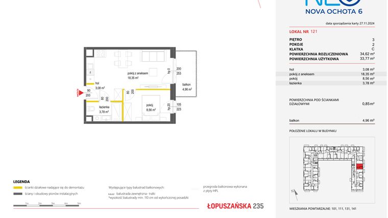 Rzut - Mieszkanie na sprzedaż 2 pokoje o powierzchni 34,62 m² - numer 121 w Neo Nova Ochota 6