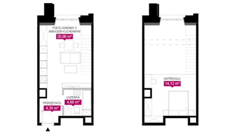 Rzut - Mieszkanie na sprzedaż 1 pokój o powierzchni 44,05 m² - numer G2.118 w Fuzja Lofty