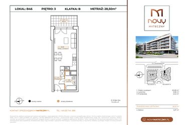 Rzut - Mieszkanie na sprzedaż 1 pokój o powierzchni 28,5 m² - numer B46 w Novy Mateczny