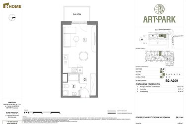 Rzut - Mieszkanie na sprzedaż 1 pokój o powierzchni 29,11 m² - numer B.2.A209 w Inhome Osiedle ArtPark etap I