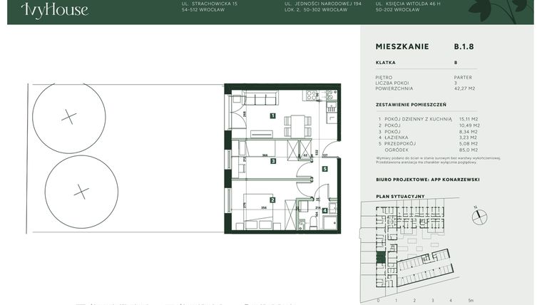 Rzut - Mieszkanie na sprzedaż 2 pokoje o powierzchni 42,27 m² - numer B.1.8 w IVY HOUSE
