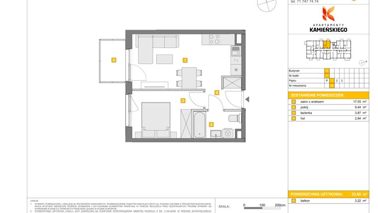 Rzut - Mieszkanie na sprzedaż 2 pokoje o powierzchni 33,8 m² - numer A18 w Apartamenty Kamieńskiego