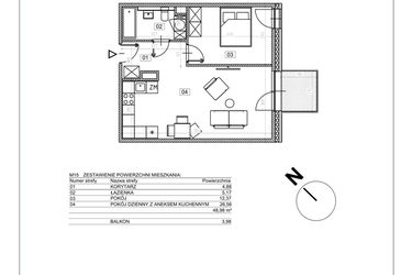 Rzut - Mieszkanie na sprzedaż 2 pokoje o powierzchni 48,98 m² - numer I.M15 w Osiedle Glivia Zachodnia