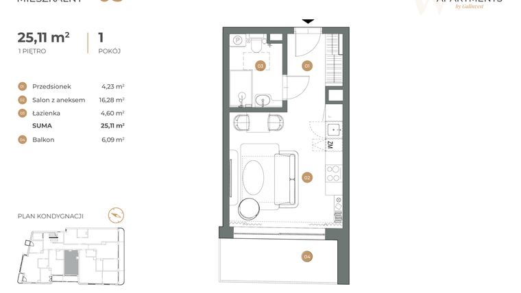 Rzut - Mieszkanie na sprzedaż 1 pokój o powierzchni 25,11 m² - numer 3 w Witkiewicza Apartments