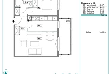 Rzut - Mieszkanie na sprzedaż 2 pokoje o powierzchni 47,57 m² - numer D.19 w Osiedle Kościuszki etap II