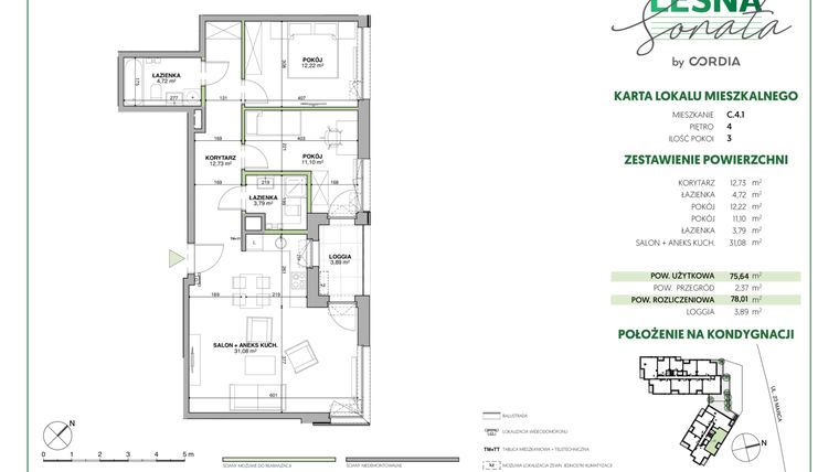 Rzut - Mieszkanie na sprzedaż 3 pokoje o powierzchni 78,09 m² - numer C.4.1 w Leśna Sonata