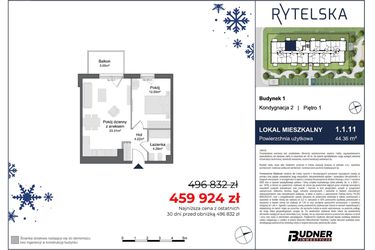 Rzut - Mieszkanie na sprzedaż 2 pokoje o powierzchni 44,36 m² - numer 1.1.11 w Rytelska