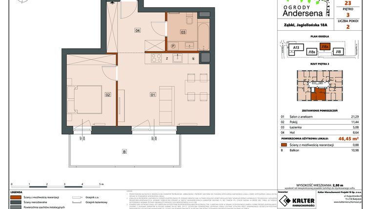 Rzut - Mieszkanie na sprzedaż 2 pokoje o powierzchni 46,45 m² - numer 23C w Ogrody Andersena