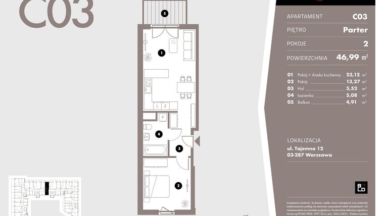 Rzut - Mieszkanie na sprzedaż 2 pokoje o powierzchni 46,99 m² - numer C03 w Livo