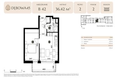 Rzut - Mieszkanie na sprzedaż 2 pokoje o powierzchni 36,42 m² - numer B.42 w Dębowa 45