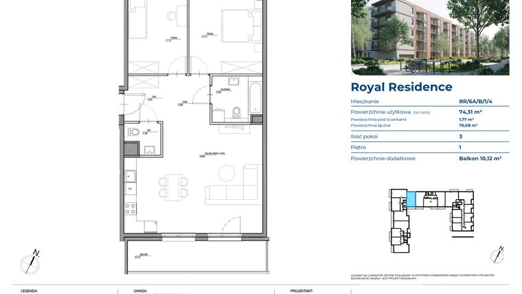 Rzut - Mieszkanie na sprzedaż 3 pokoje o powierzchni 74,31 m² - numer RR/6A/B/1/4 w Royal Residence 6A
