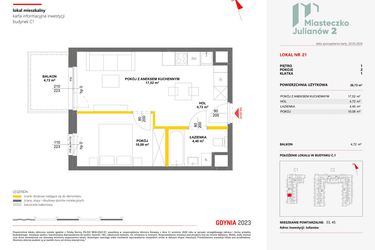 Rzut - Mieszkanie na sprzedaż 2 pokoje o powierzchni 36,73 m² - numer 21 w Miasteczko Julianów etap 2