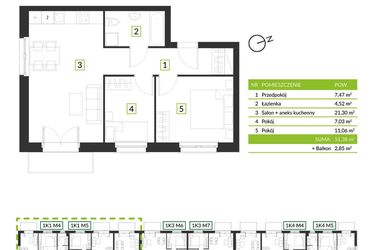 Rzut - Mieszkanie na sprzedaż 3 pokoje o powierzchni 51,38 m² - numer 1K1 M3 w Osiedle Krzeptów przy lesie