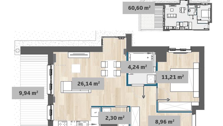 Rzut - Mieszkanie na sprzedaż 2 pokoje o powierzchni 52,82 m² - numer F1.E.00.04 w Sady Żoliborz