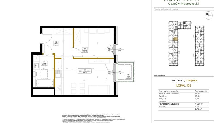 Rzut - Mieszkanie na sprzedaż 2 pokoje o powierzchni 44,37 m² - numer 152 w Aura Nova etap II