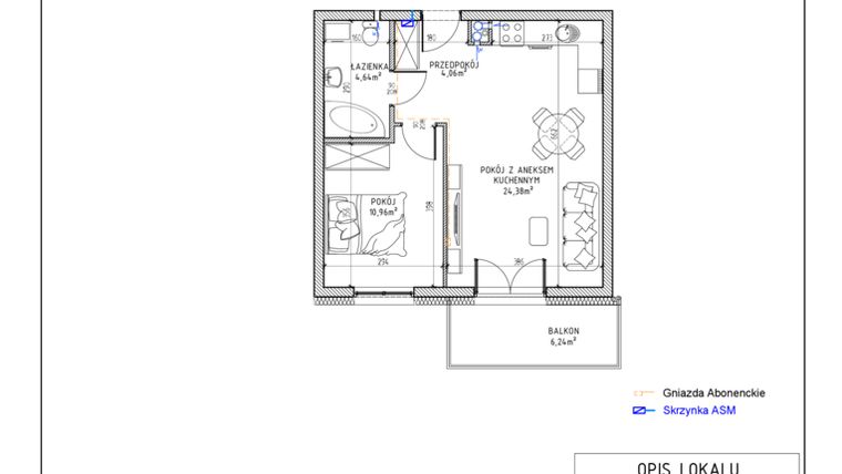 Rzut - Mieszkanie na sprzedaż 2 pokoje o powierzchni 44,04 m² - numer 4 w Harmonia bud. M3