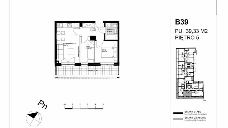 Rzut - Mieszkanie na sprzedaż 3 pokoje o powierzchni 39,33 m² - numer B39 w Apartamenty Kopernika - etap II