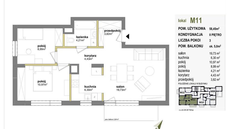 Rzut - Mieszkanie na sprzedaż 3 pokoje o powierzchni 58,45 m² - numer M11 w Międzylesie przy lesie