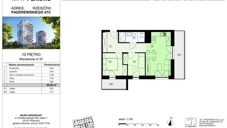 Rzut - Mieszkanie na sprzedaż 3 pokoje o powierzchni 48,59 m² - numer 57/B8 w Dzielnica Parkowa VIII