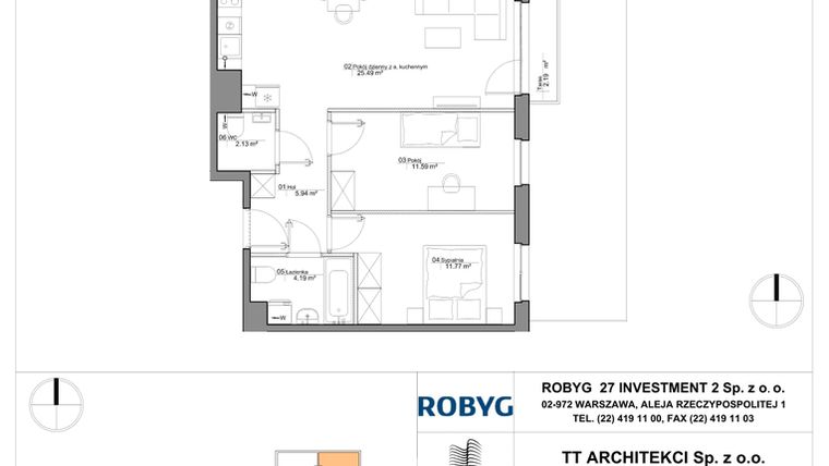 Rzut - Mieszkanie na sprzedaż 3 pokoje o powierzchni 61,11 m² - numer SU3/B/0/10 w Sady Ursynów III