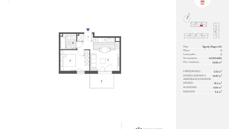 Rzut - Mieszkanie na sprzedaż 2 pokoje o powierzchni 33,79 m² - numer A2.103.M04 w Mieszkaj w mieście - Ogrody Glogera