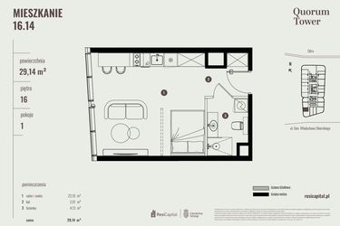 Rzut - Mieszkanie na sprzedaż 1 pokój o powierzchni 29,42 m² - numer 16.14 w Quorum Tower