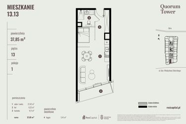 Rzut - Mieszkanie na sprzedaż 1 pokój o powierzchni 37,85 m² - numer 13.13 w Quorum Tower
